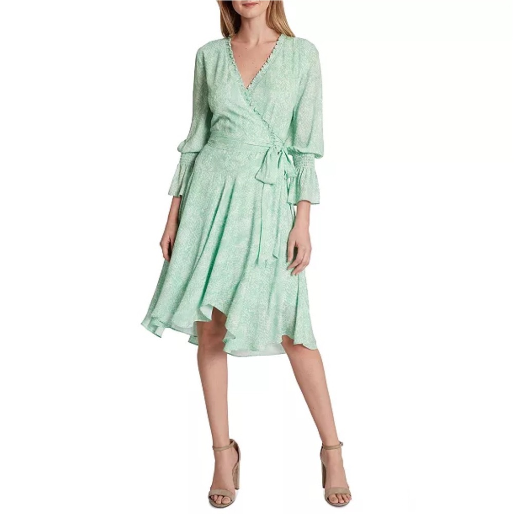 Tahari ASL Surplice A-Line Faux Wrap Dress in Mint Snake Size 8 NWT